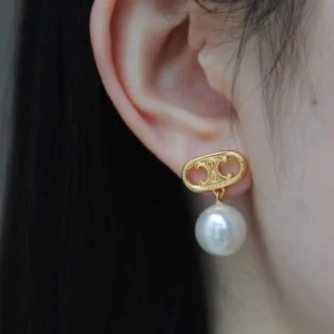 Khuyên Tai Celine Triomphe Pearl Earrings Gold Ivory