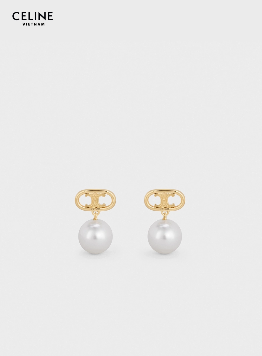 Khuyên Tai Celine Triomphe Pearl Earrings Gold Ivory